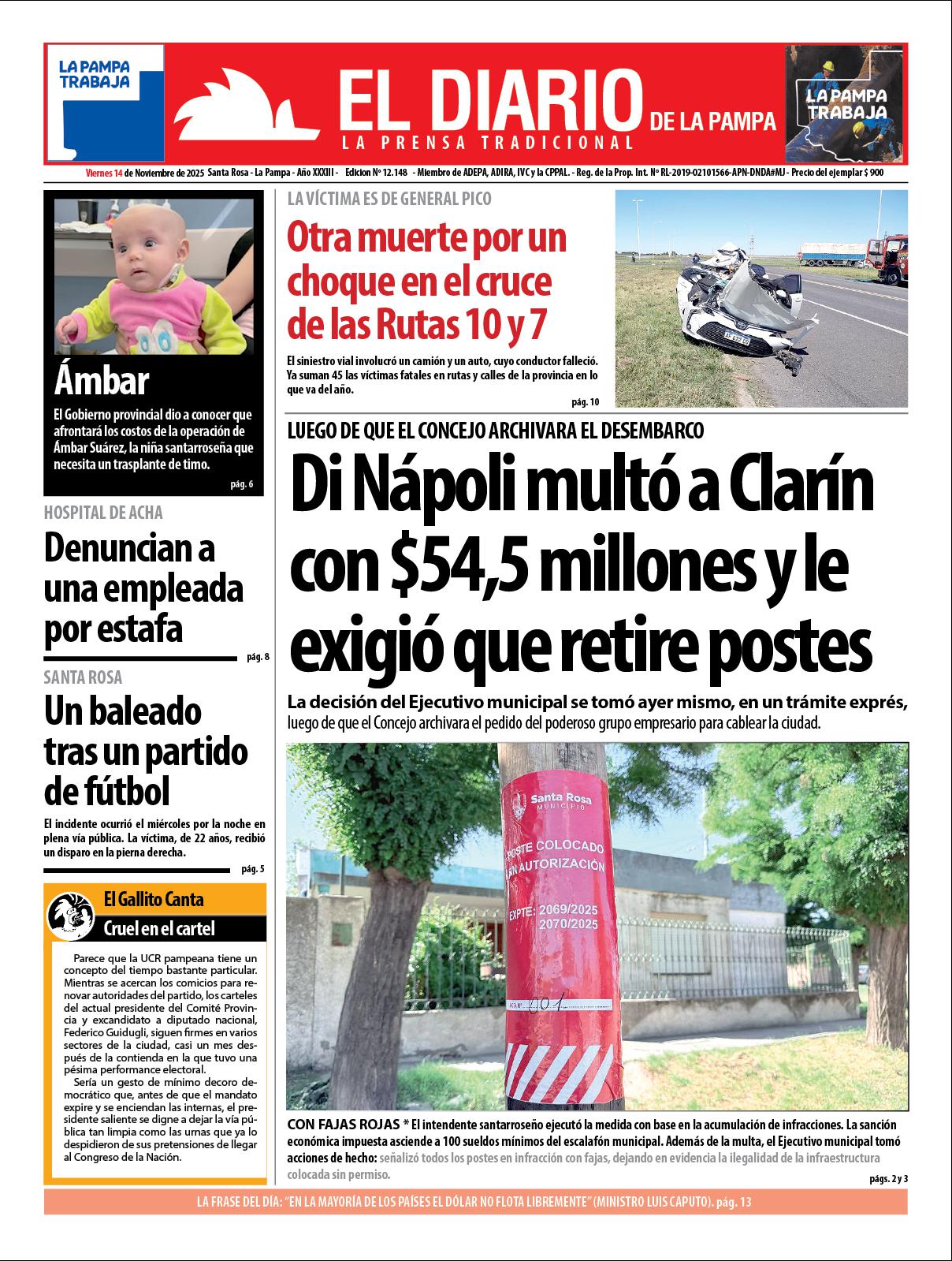 Tapa de El Diario en papel  viernes 14 de noviembre de 2025